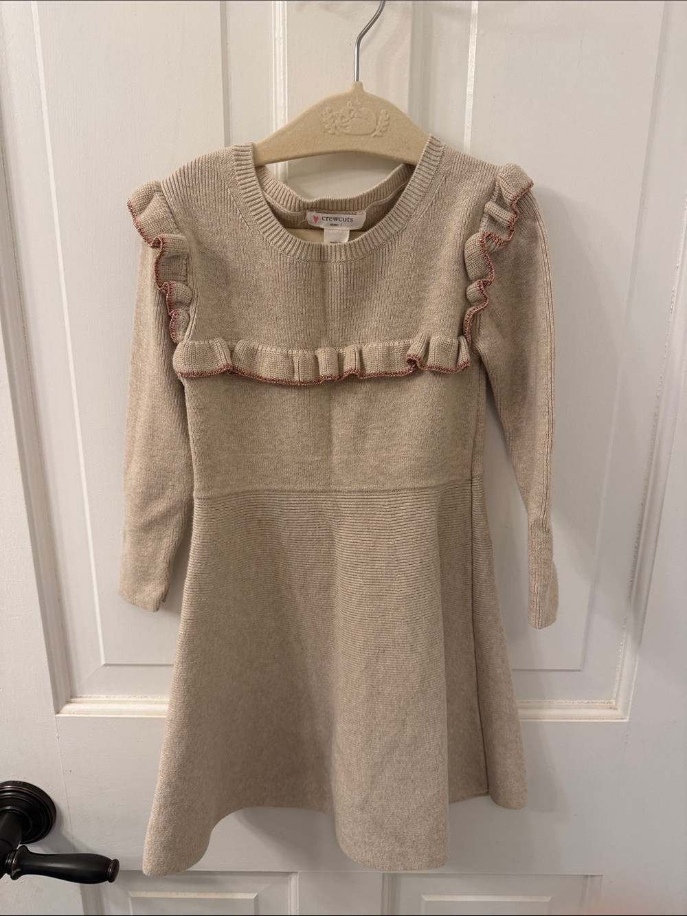 Crewcuts Beige Knit Dress with Pink-Trim Ruffles